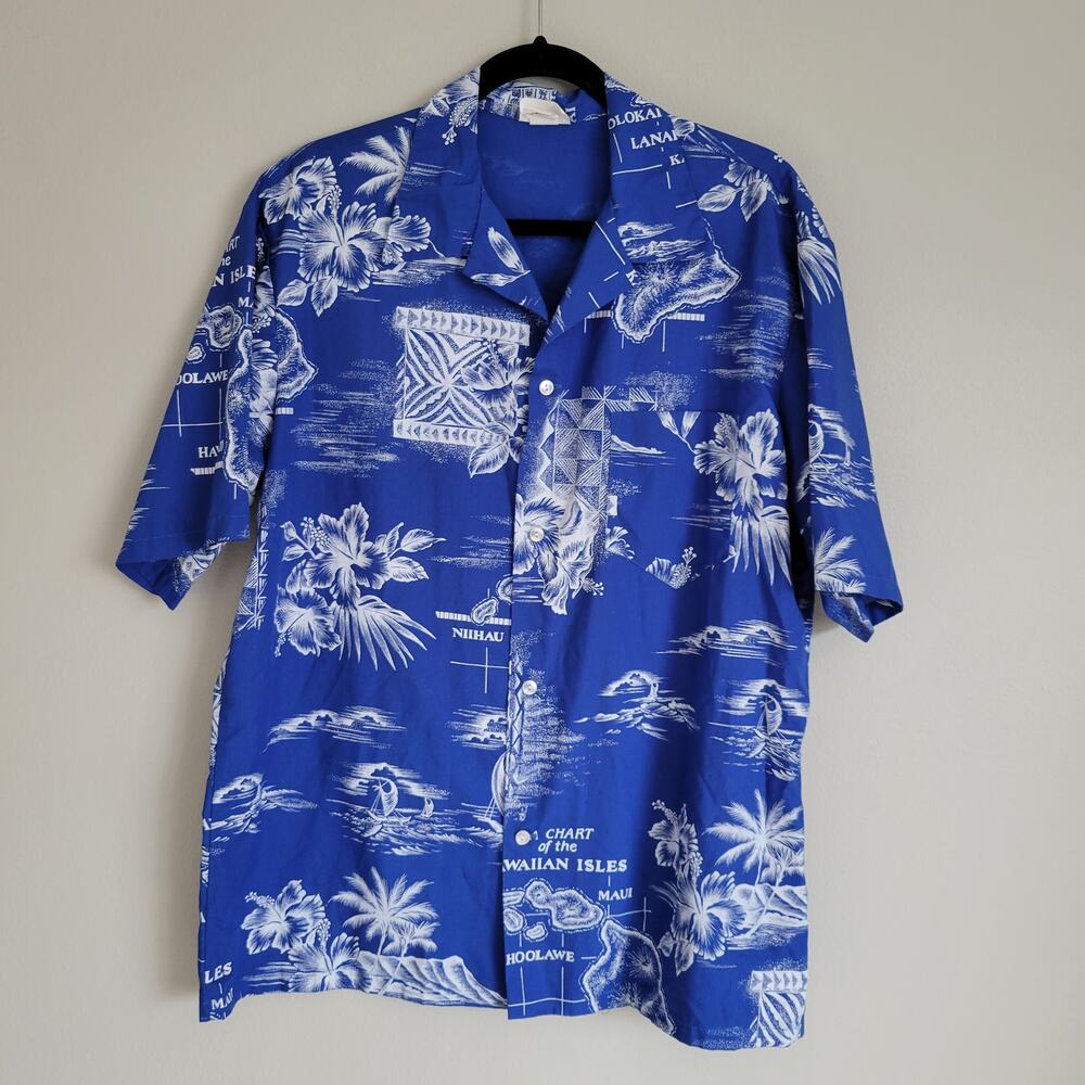 Vintage Aikane Hawaii Retro Blue Palm Tree Tropical Print Button Down Shirt XL